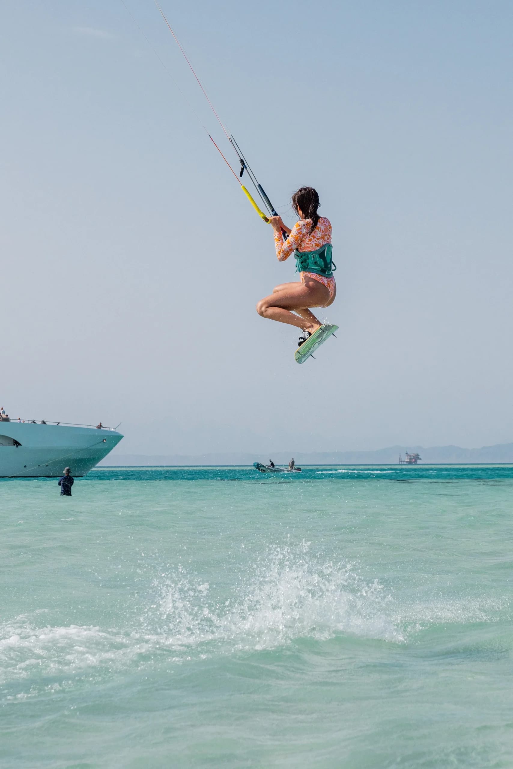 Kites laid out along the shallow shoreline of the kite beach in Hurghada
