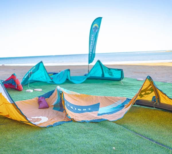 Kitesurfing equipment stored and rigged at the Hurghada kite centre