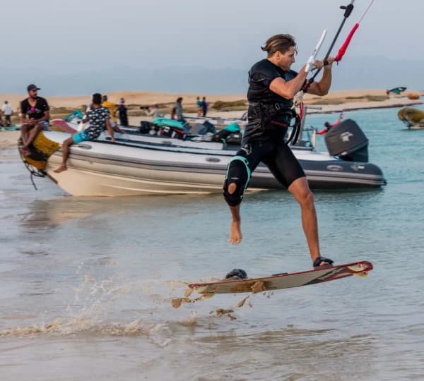 Rider and kite crossing the flat water of a Hurghada lagoon